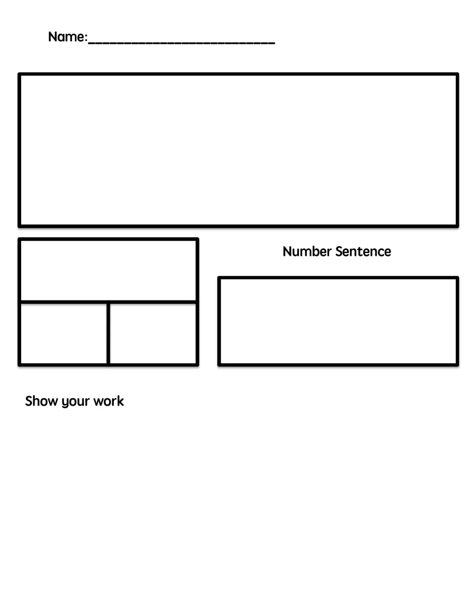 Blank word problem organizer: students copy a problem, fill a part-part-whole model, write a number sentence and show work
