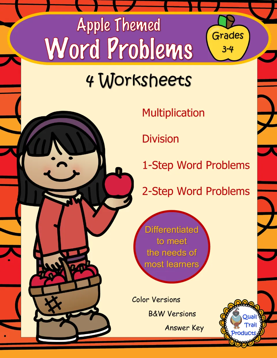 Apple Themed Word Problems cover for grades 3-4: 4 worksheets on multiplication, division, 1-step and 2-step problems