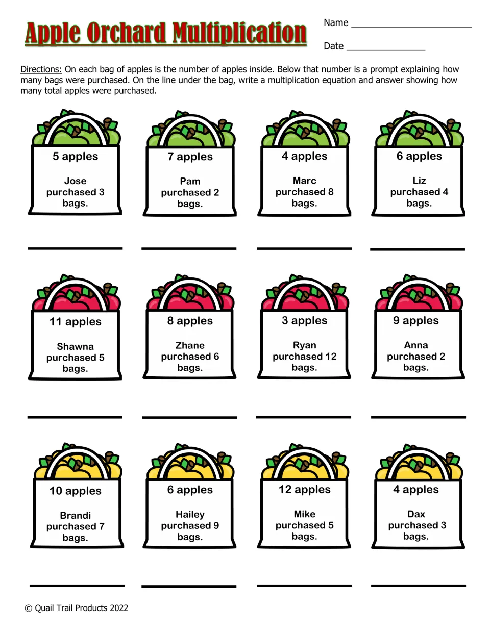 Apple Orchard Multiplication in color: students write an equation for 12 apple bags, such as 5 apples times 3 bags for Jose