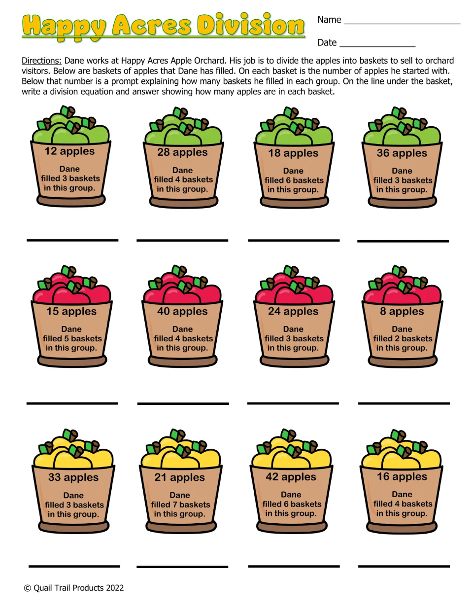 Happy Acres Division in color: students write a division equation for 12 apple baskets, such as 12 apples in 3 baskets