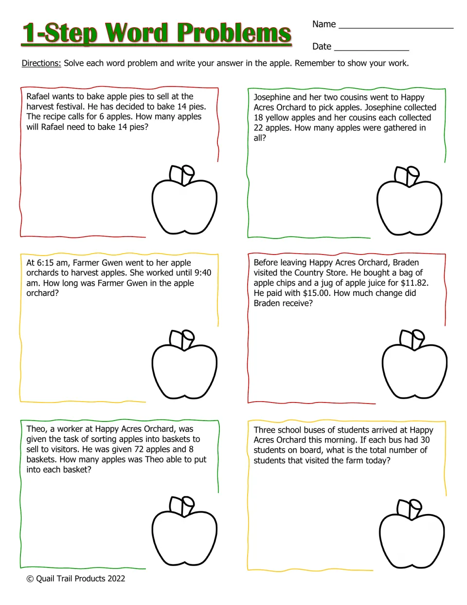 1-Step Word Problems in color: students solve six orchard stories on pies, elapsed time, change, sharing apples, buses