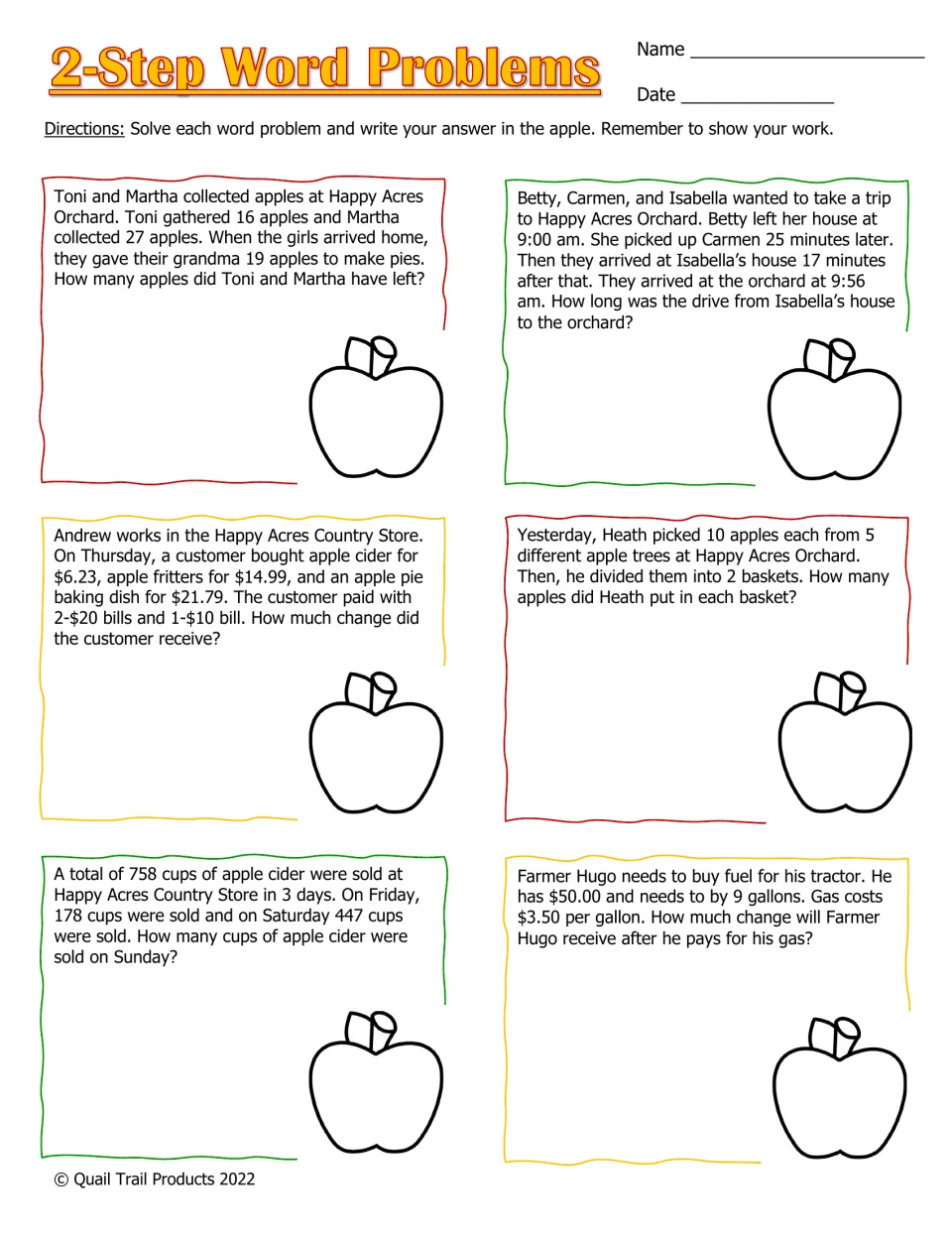 2-Step Word Problems in color: students solve six orchard stories on apples left, drive time, change, cider sales, fuel