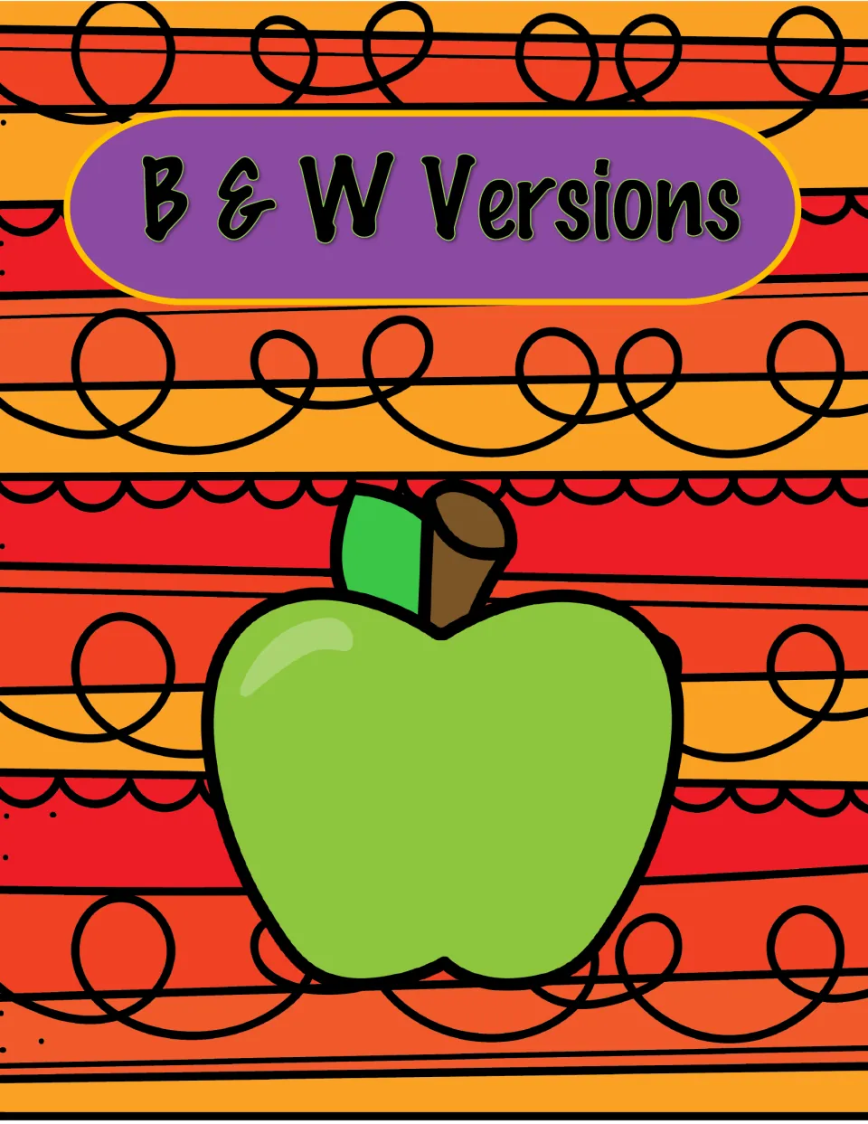 Section divider titled B & W Versions with a large green apple, introducing the black-and-white printable worksheets