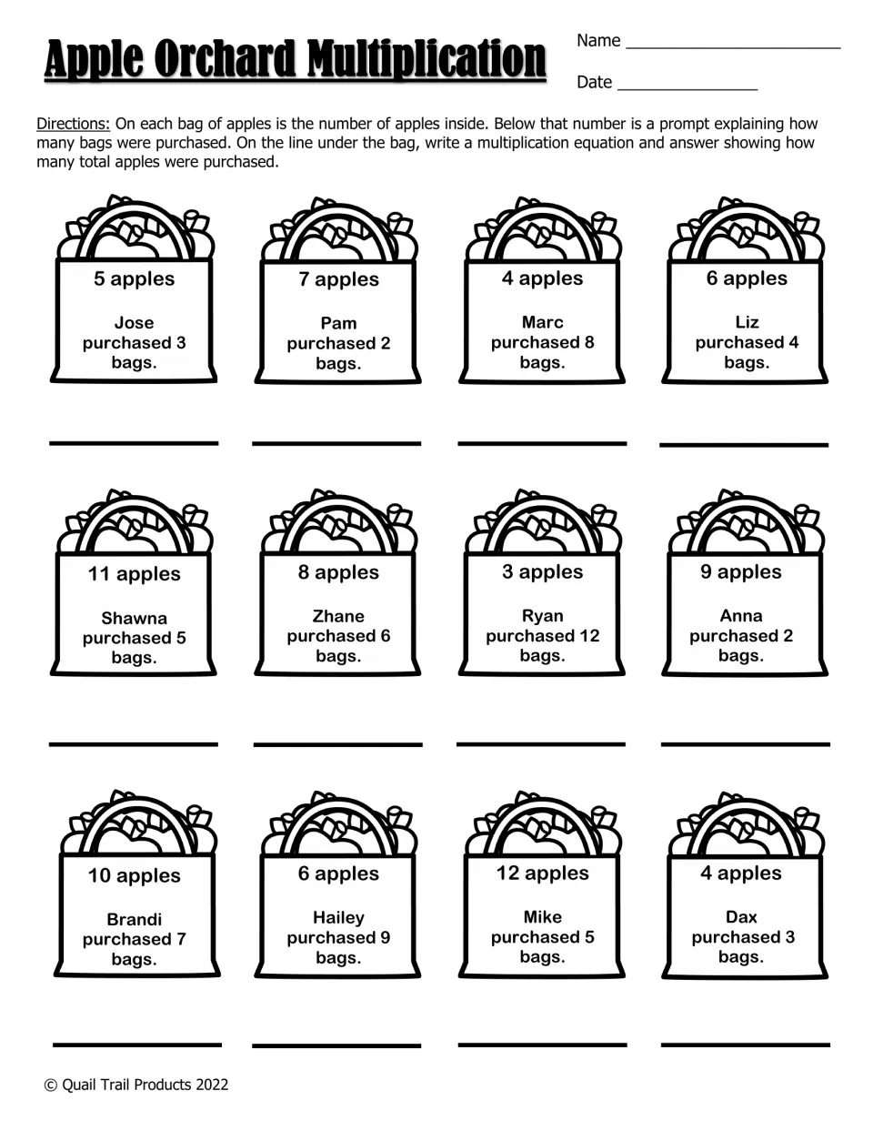 Apple Orchard Multiplication, black-and-white copy: students multiply apples per bag by bags bought, from Jose to Dax