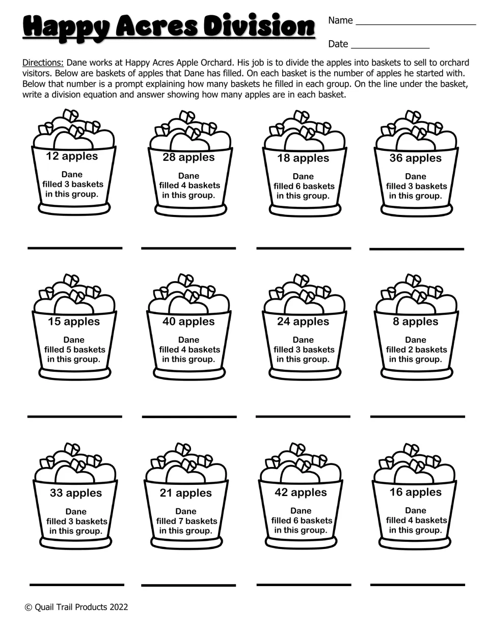 Happy Acres Division, black-and-white copy: students divide each apple total by the baskets Dane filled, for 12 baskets