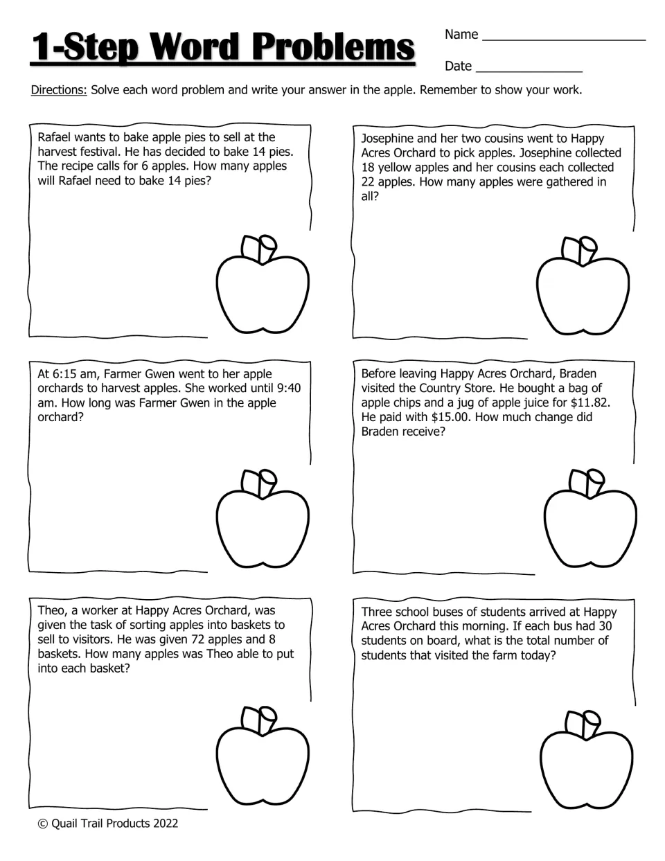 1-Step Word Problems, black-and-white copy: students solve six Happy Acres Orchard stories, showing work