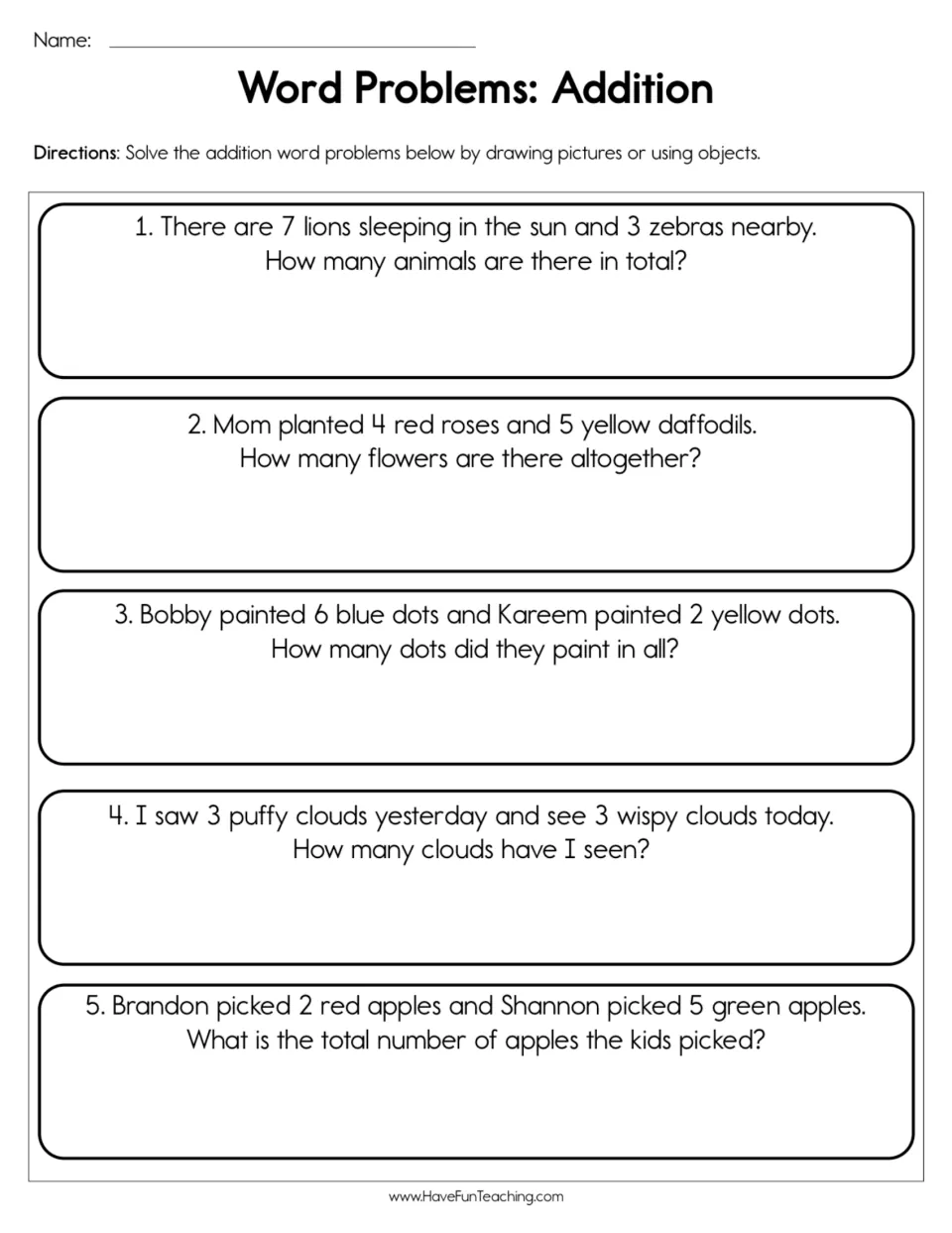 Addition word problems: students solve 5 stories about lions, flowers, dots, clouds and apples by drawing or using objects