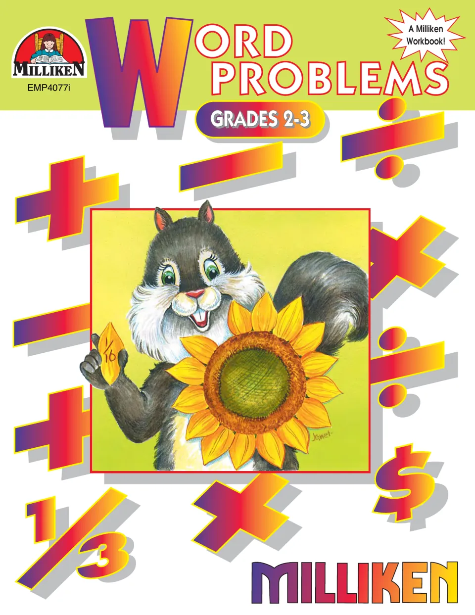 Milliken Word Problems workbook cover, Grades 2-3, with a squirrel holding a sunflower among math symbols