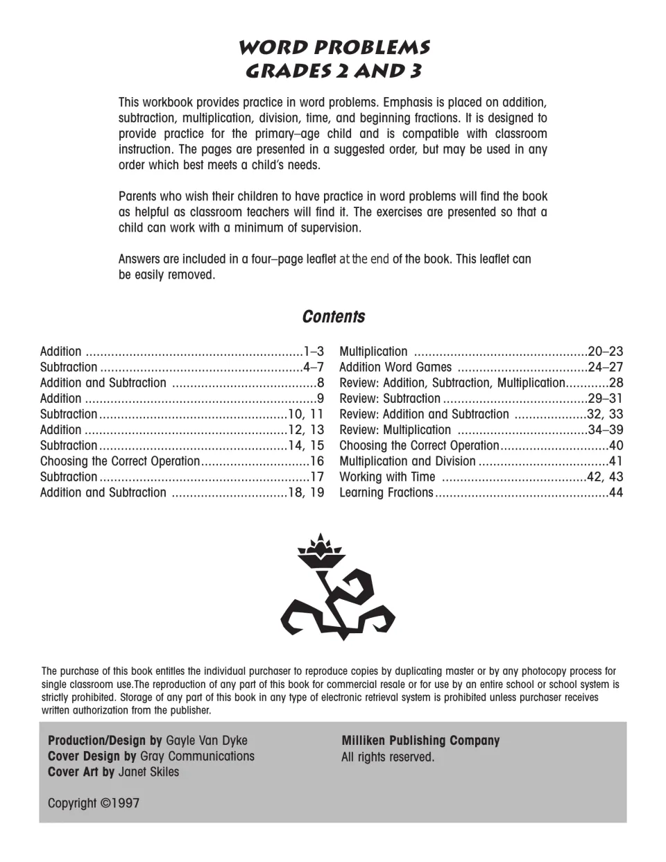 Workbook overview and contents: addition, subtraction, multiplication, division, time and fraction word problems by page