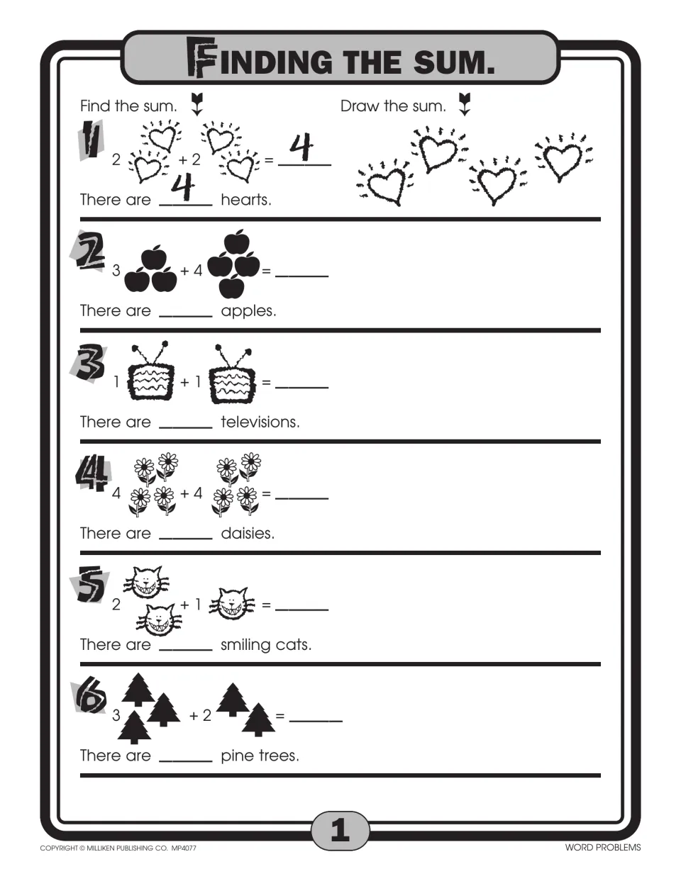 Finding the sum: students add pictured hearts, apples, TVs, daisies, cats and pine trees, then draw each sum