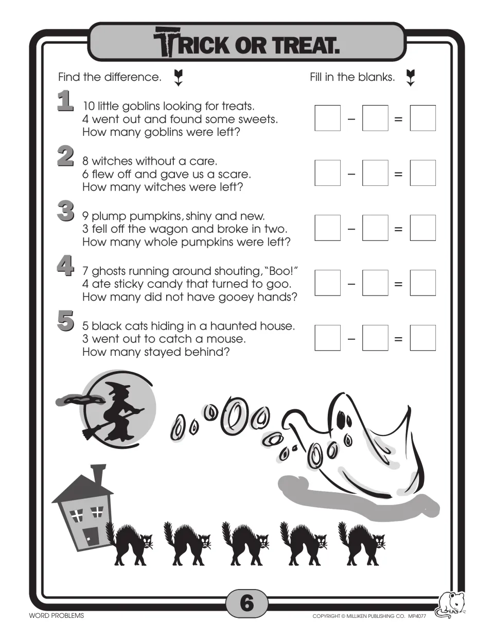 Trick or treat: students solve five rhyming subtraction problems about goblins, witches, pumpkins, ghosts and cats