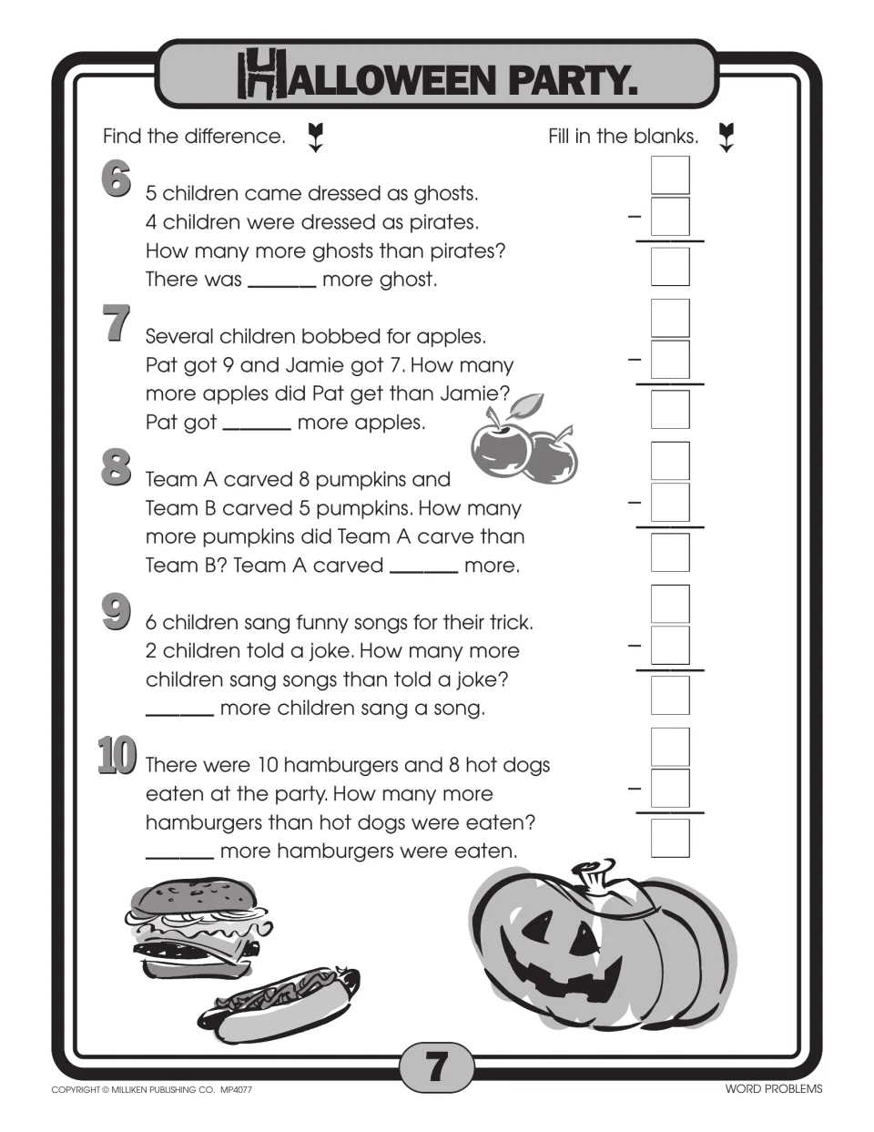 Halloween party: students subtract to compare in five 'how many more' problems about ghosts, apples, pumpkins and food