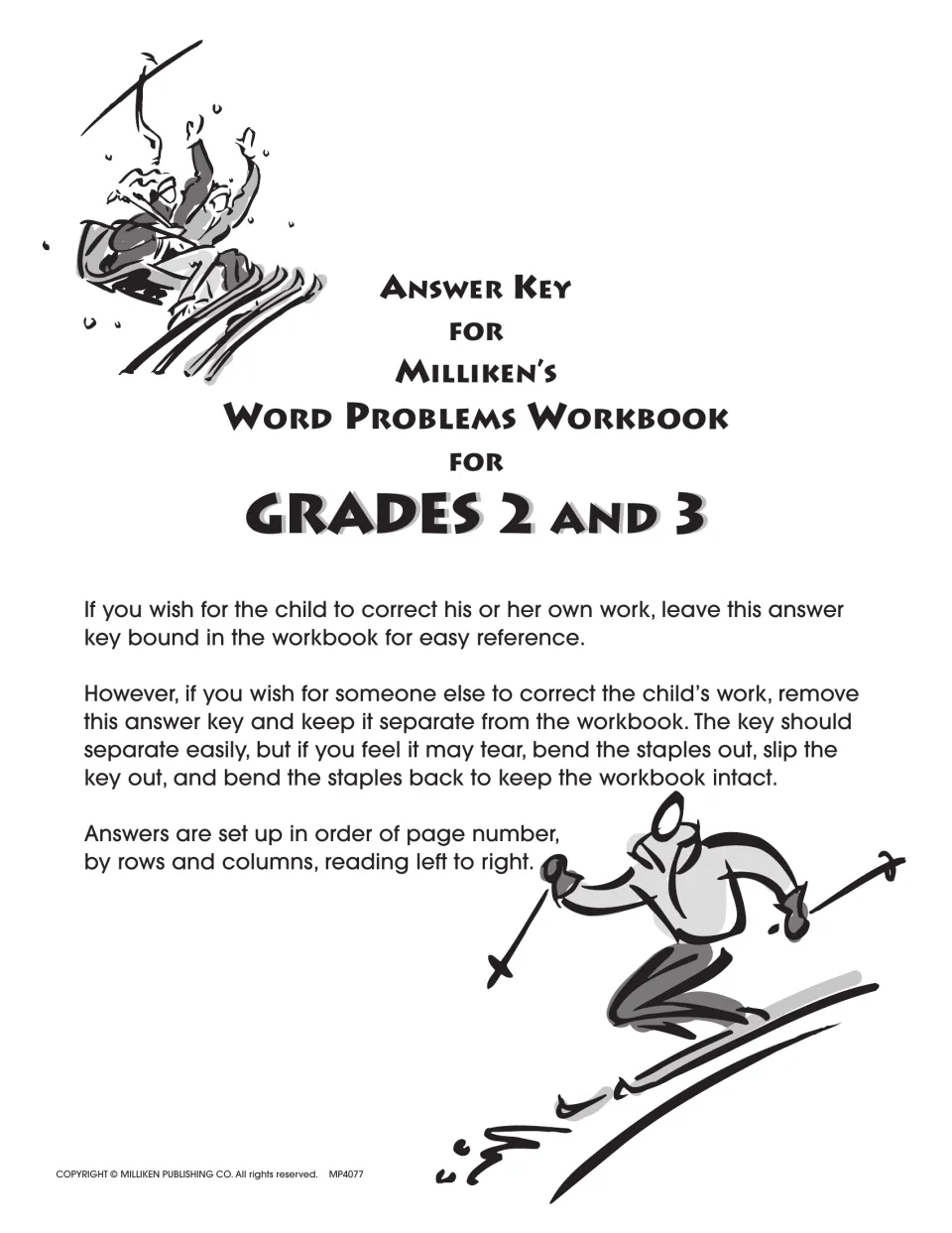 Title page for the answer key leaflet with directions to leave it bound for self-checking or remove it for adult grading