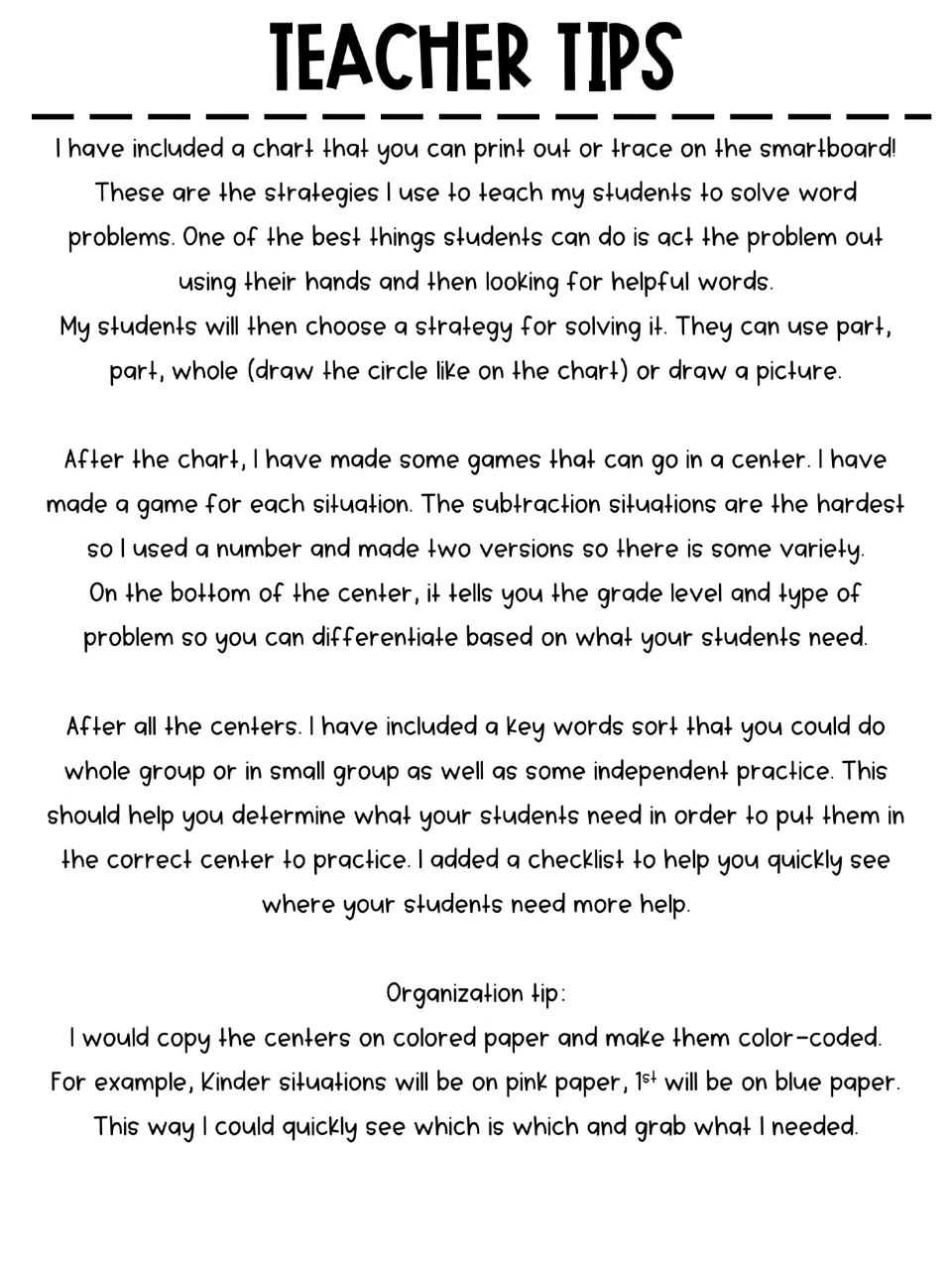 Teacher Tips notes on using the strategy chart, spinner centers, key words sort, checklist and color-coding by grade
