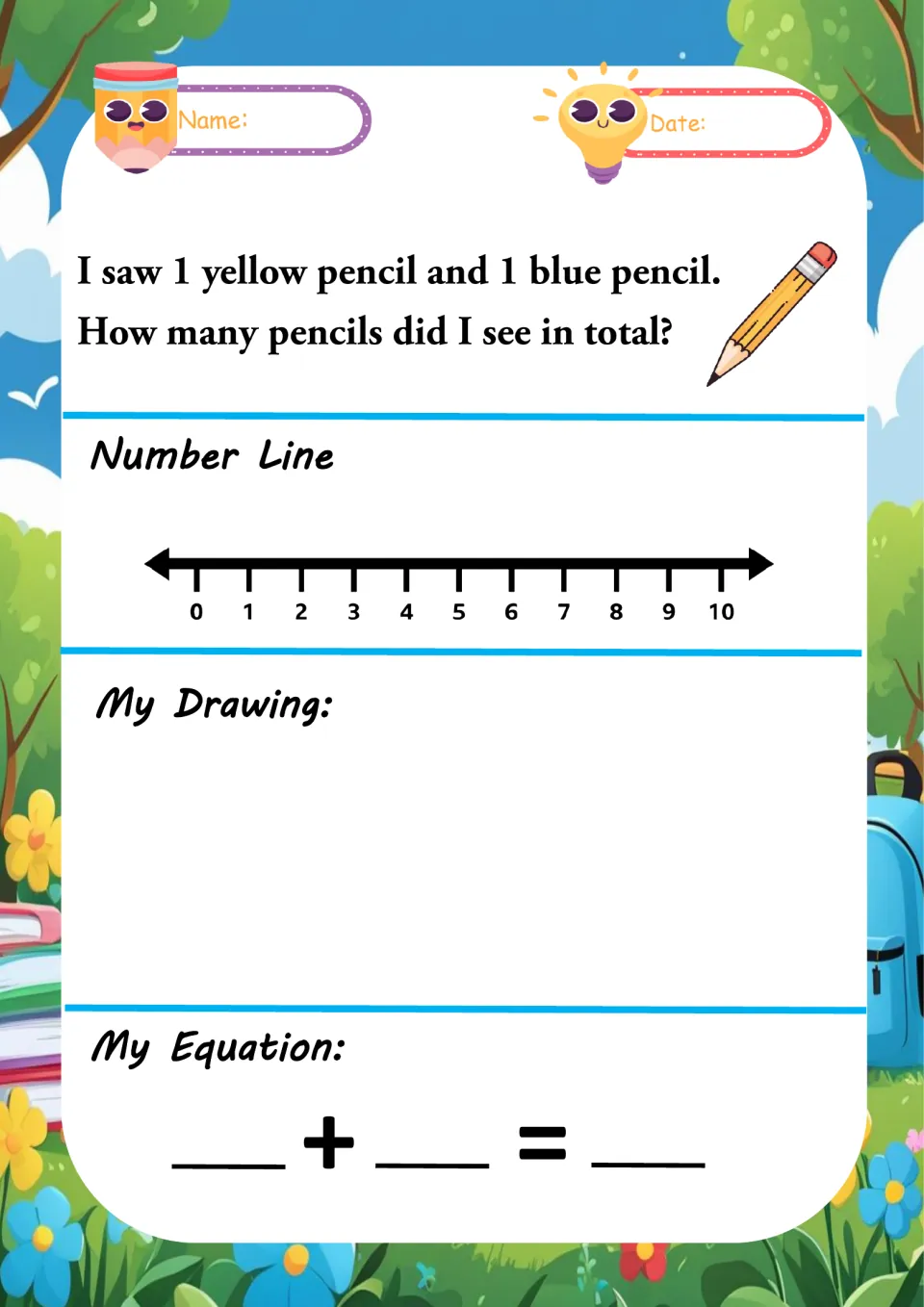 Pencil word problem: students add 1 yellow and 1 blue pencil using a 0-10 number line, a drawing and an equation