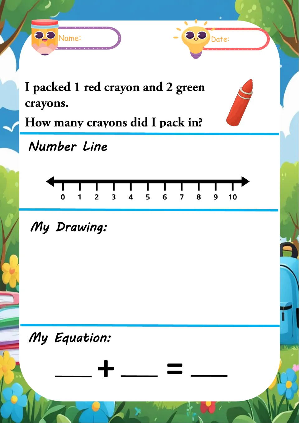 Crayon word problem: students add 1 red crayon and 2 green crayons using a number line, a drawing and an equation