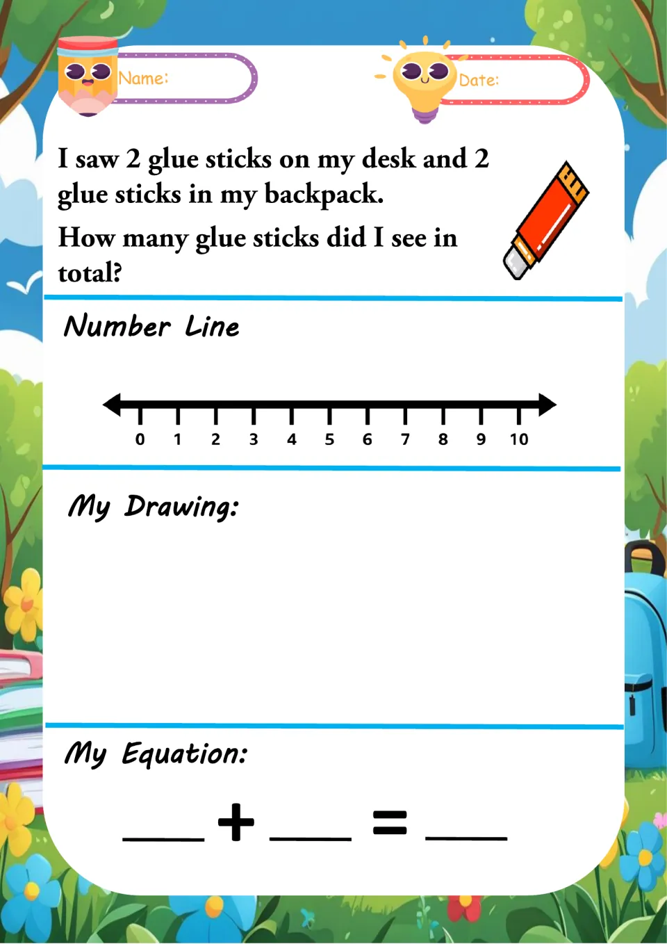 Glue stick word problem: students add 2 on a desk and 2 in a backpack using a number line, a drawing and an equation