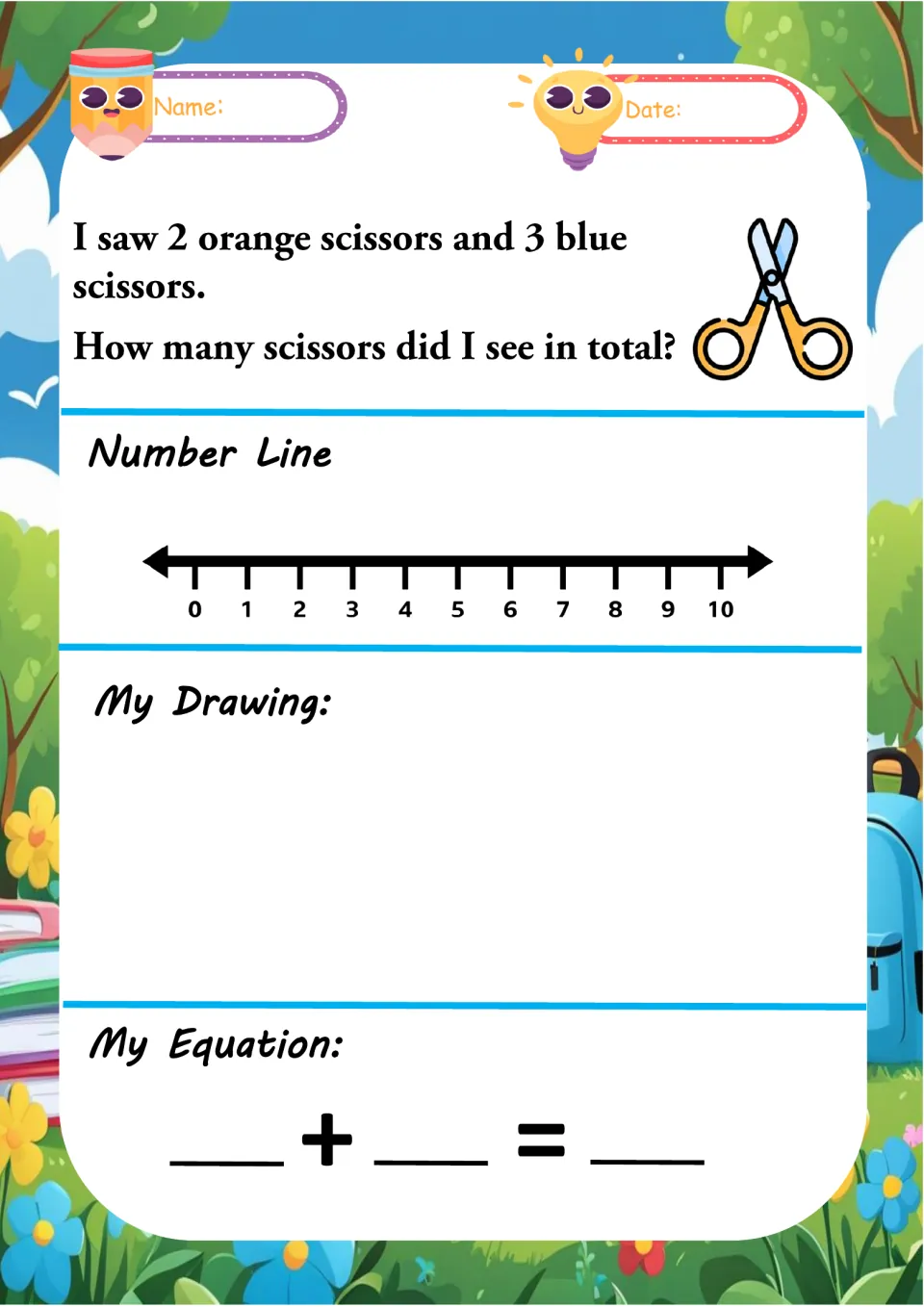 Scissors word problem: students add 2 orange and 3 blue scissors using a 0-10 number line, a drawing and an equation