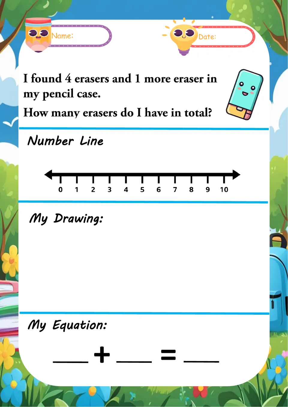 Eraser word problem: students add 4 erasers and 1 more in a pencil case using a number line, a drawing and an equation