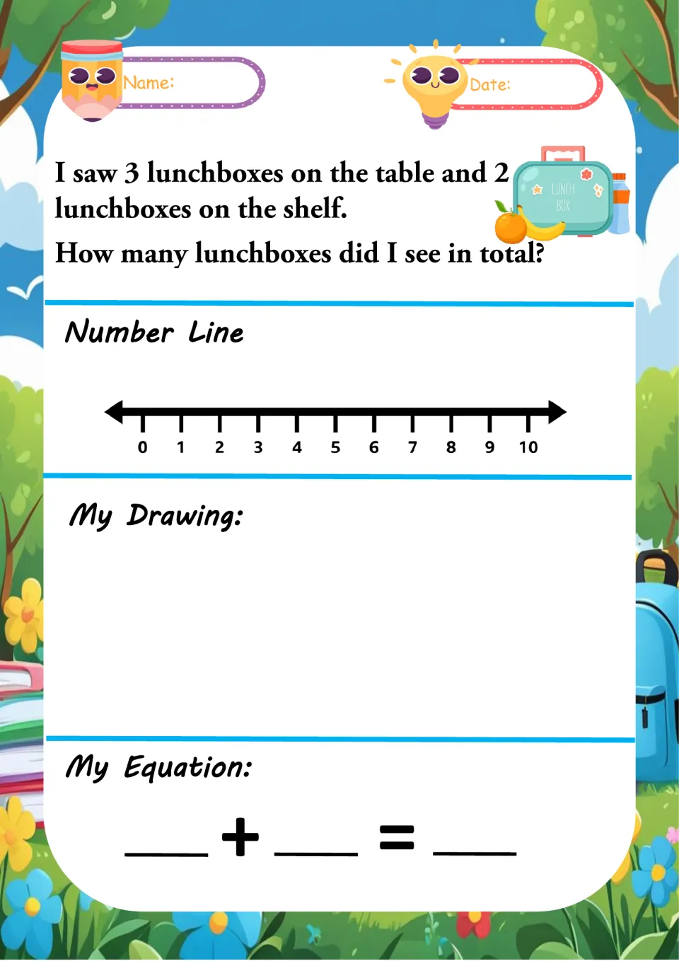 Lunchbox word problem: students add 3 lunchboxes on a table and 2 on a shelf with a number line, drawing and equation