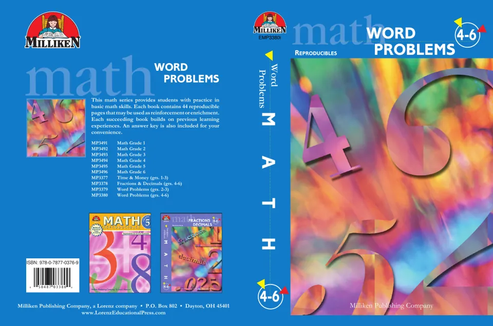 Front and back cover of Milliken's Word Problems 4-6 math reproducibles, with large colorful numerals and a series list
