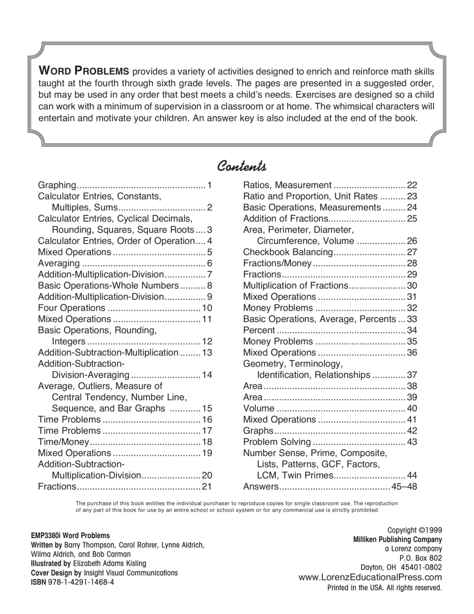 Introduction and contents listing 44 pages, from graphing and calculator entries to percent, area and GCF, plus answers