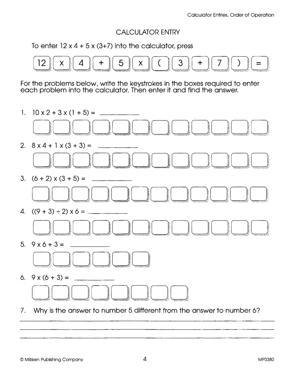 Calculator entry and order of operations: students write keystrokes for expressions with parentheses and compare results