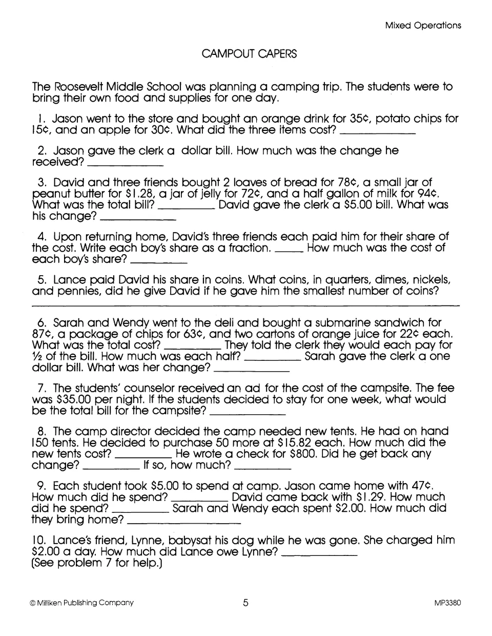 Campout Capers: money word problems on camp food, campsite fees and tents, finding totals, change, shares and fewest coins