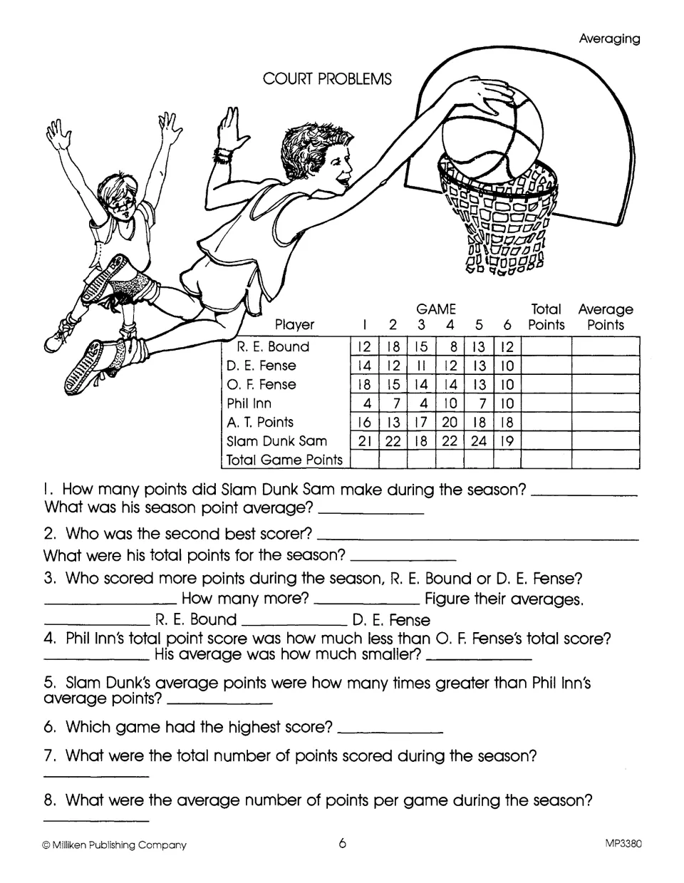 Court Problems averaging: students total six basketball games of player scores, find season averages and compare players