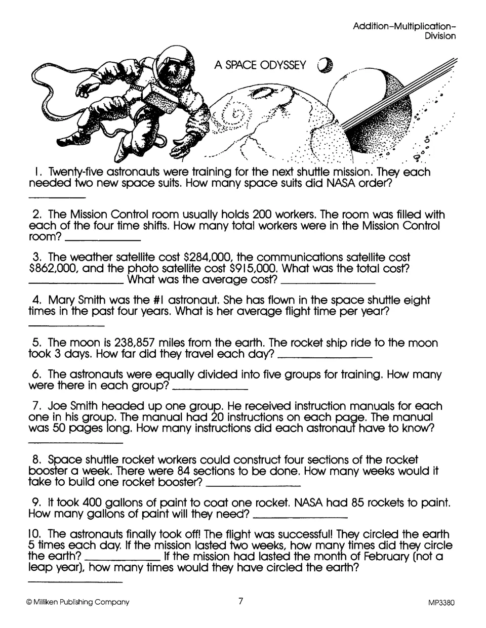 A Space Odyssey: ten astronaut and shuttle word problems using addition, multiplication and division, including averages