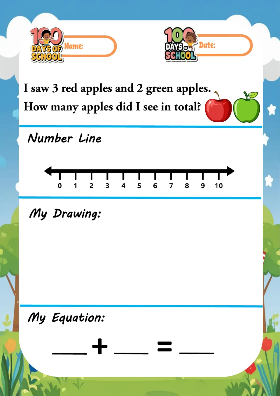 100 Days of School addition story: 3 red apples and 2 green apples; students solve with a 0-10 number line and drawing