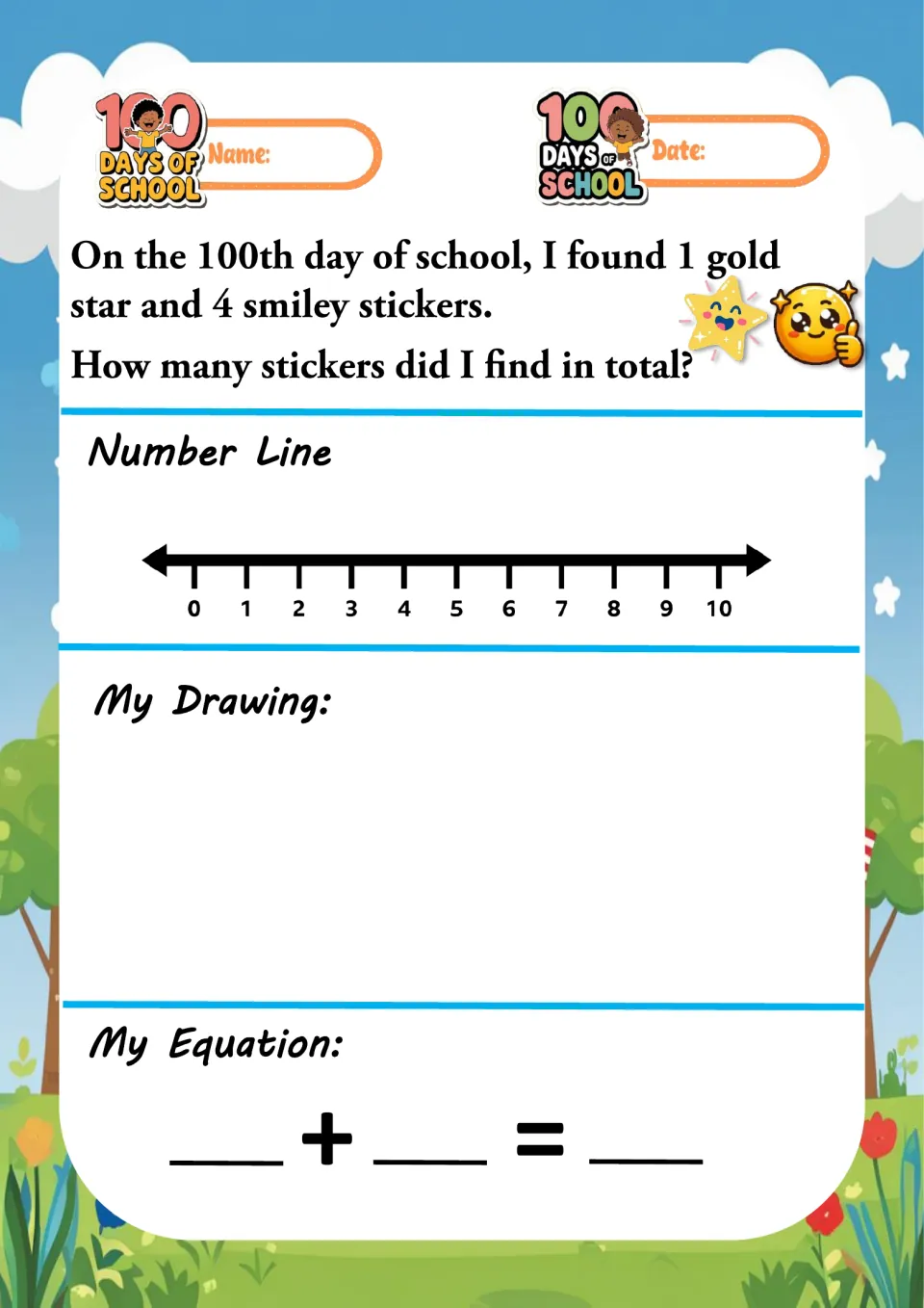100th day sticker word problem: add 1 gold star and 4 smiley stickers, then show on a number line, drawing and equation