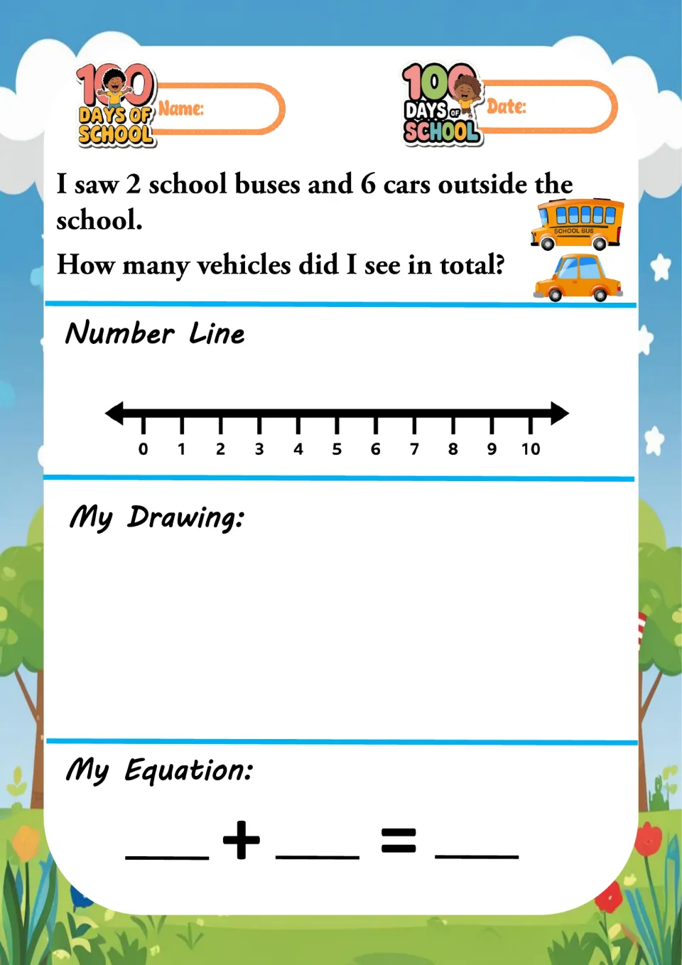 Vehicle addition problem: 2 school buses and 6 cars outside the school; students count on, draw the vehicles and add
