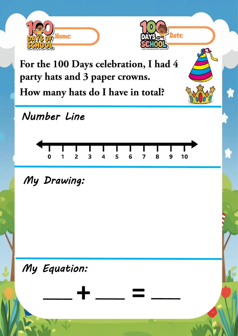 100 Days celebration problem: 4 party hats and 3 paper crowns; students find how many hats in all using a sum within 10