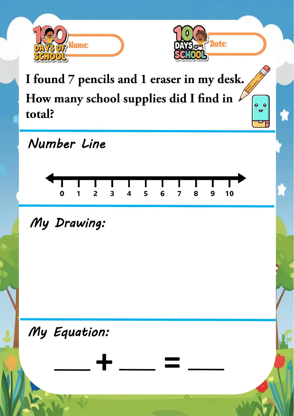 School supplies word problem: 7 pencils and 1 eraser in a desk; students add one more and record the total as an equation