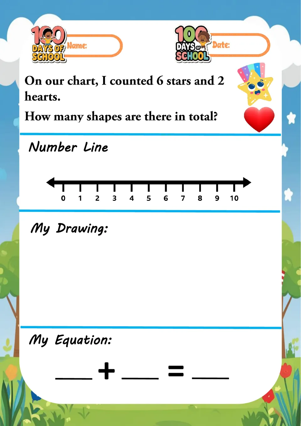 Shapes on a chart: 6 stars and 2 hearts; students add the two groups to find how many shapes, then draw and write a sum