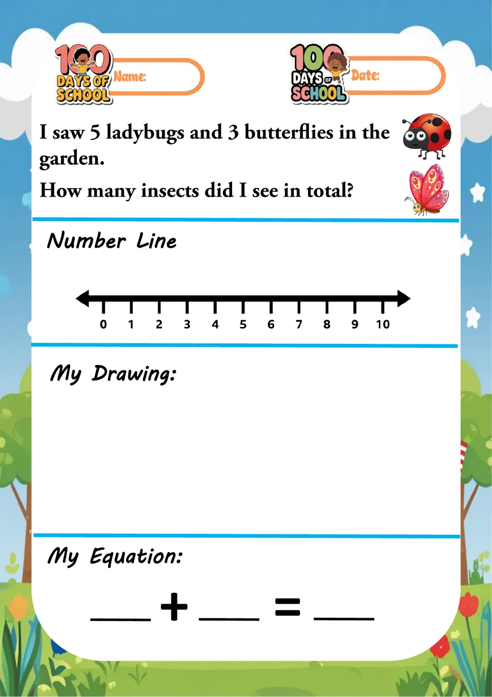Garden insects problem: 5 ladybugs and 3 butterflies; students show the sum on a 0-10 number line and fill in an equation
