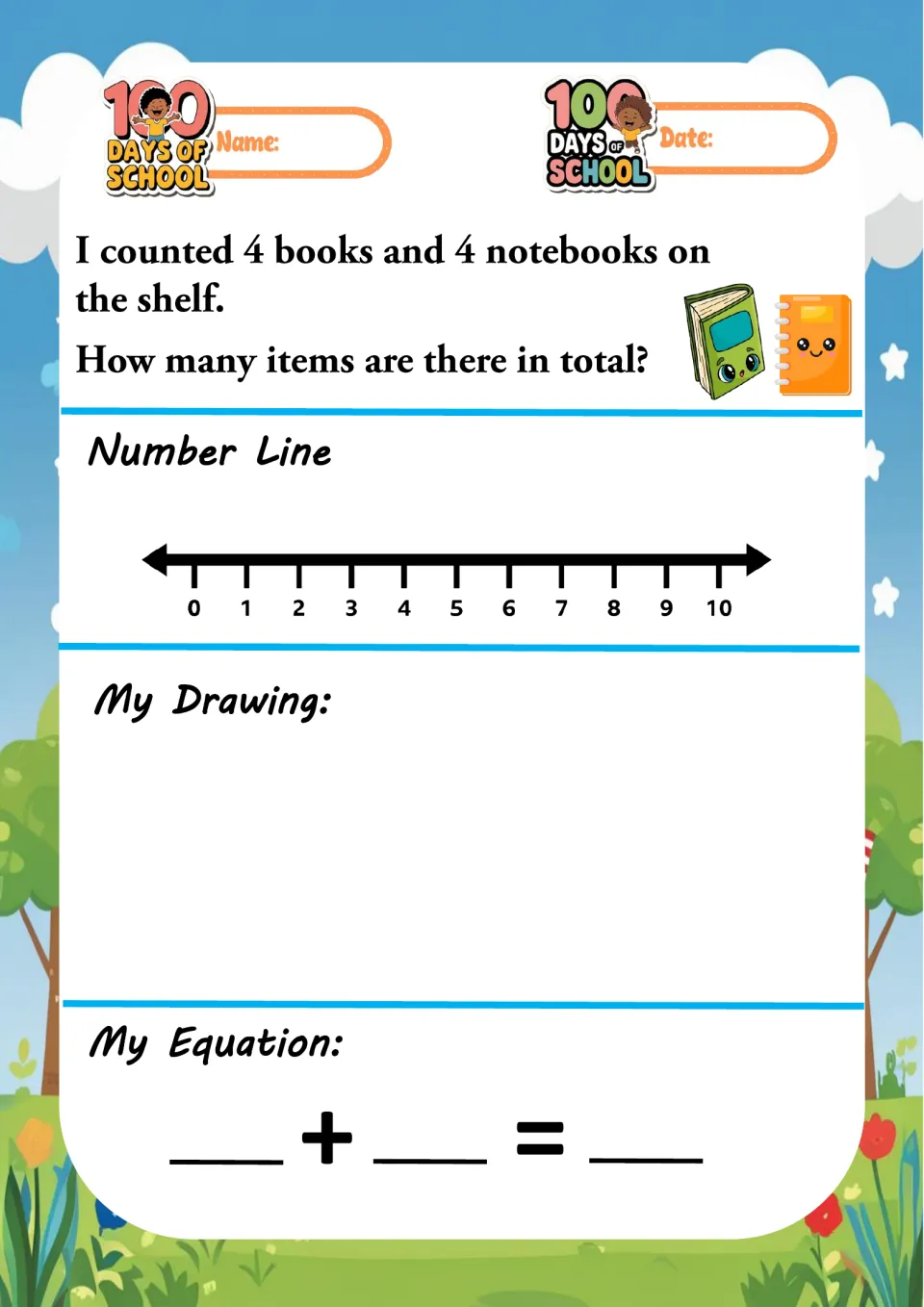 Doubles story problem: 4 books and 4 notebooks on the shelf; students find how many items in total and sketch both groups