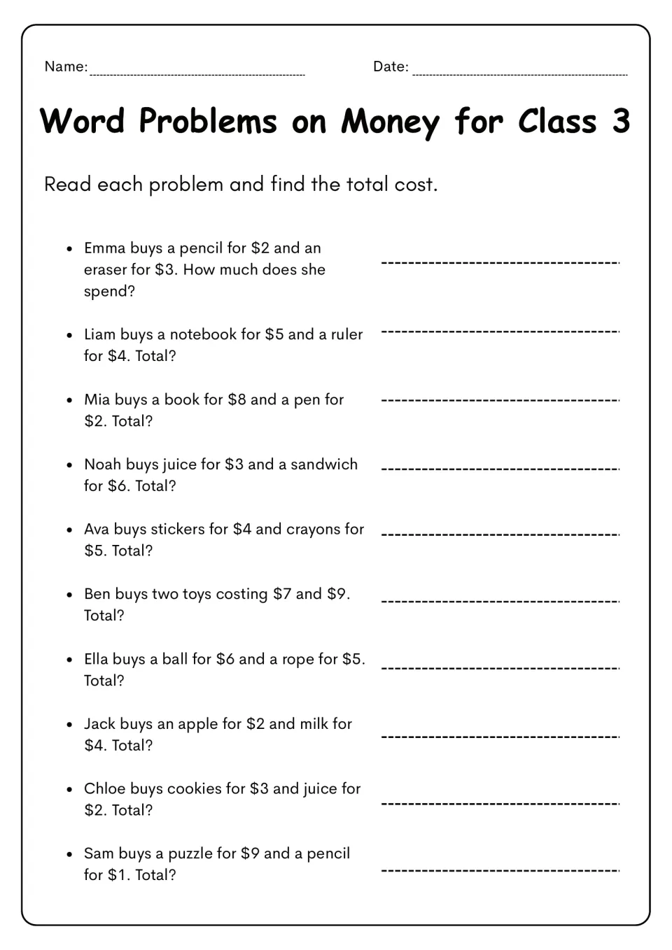 Money worksheet 2: ten total-cost word problems, including Emma buying a $2 pencil and a $3 eraser