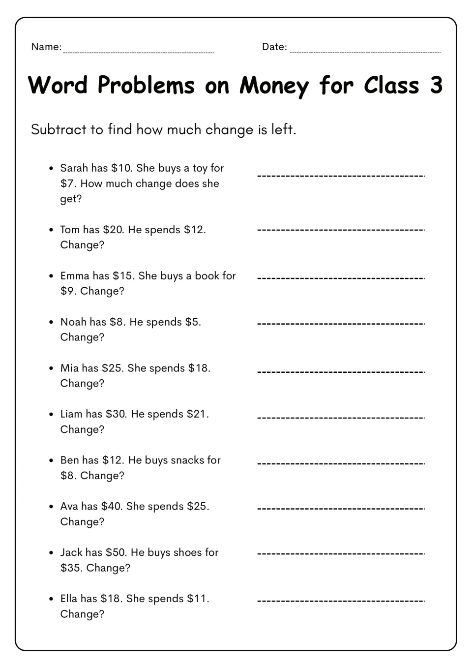 Money worksheet 3: ten subtraction word problems about change, including a $7 toy paid for with $10