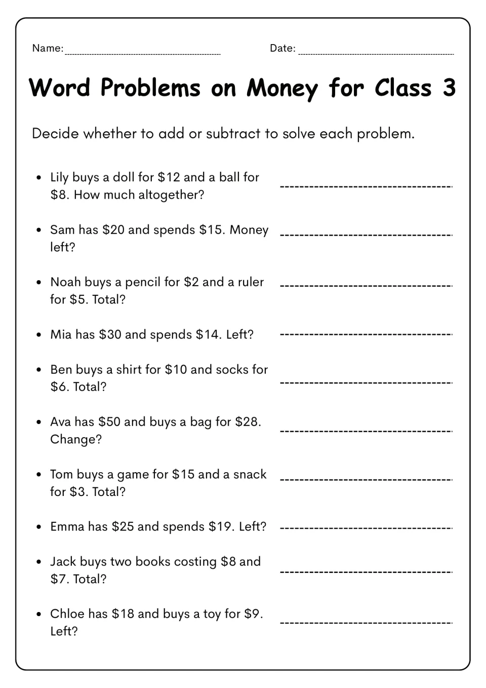 Money worksheet 4: ten word problems requiring addition or subtraction to find total costs or money left
