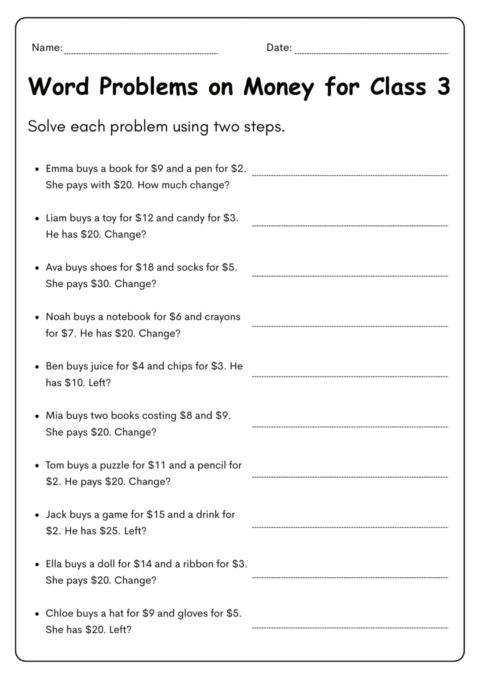 Money worksheet 6: ten two-step problems, including finding change from $20 after buying a $9 book and $2 pen