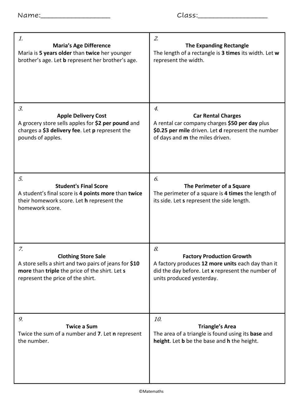 Algebraic expression problems 1–10: ages, rectangle length, apple costs, car rentals and six more contexts