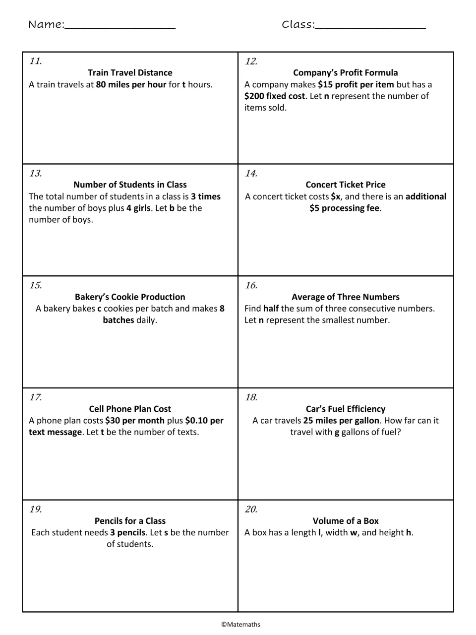 Algebraic expression problems 11–20: train travel, company profit, ticket prices and seven more contexts