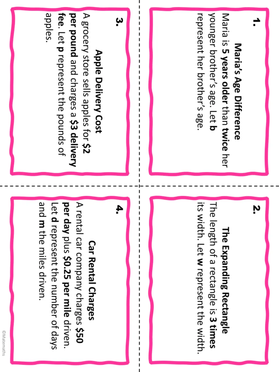 Algebraic expression task cards 1–4: Maria’s age, rectangle length, apple delivery and car rental costs