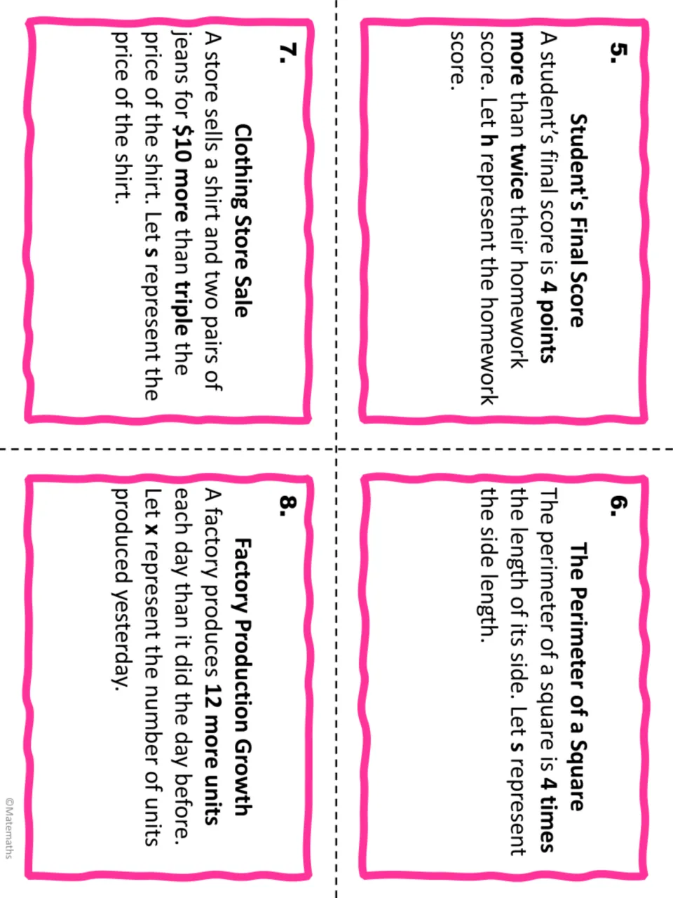 Algebraic expression task cards 5–8: student score, square perimeter, clothing sale and factory production