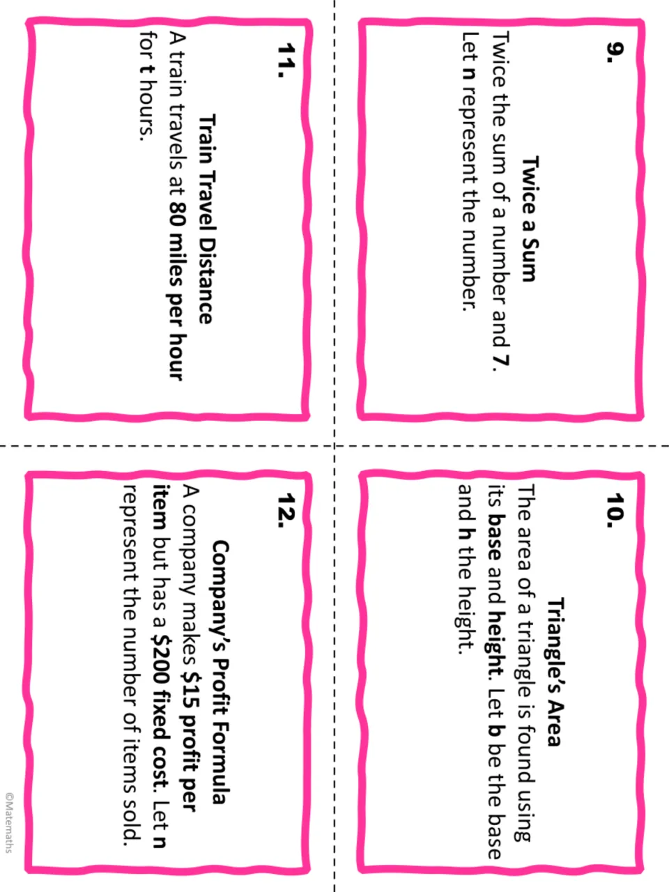 Algebraic expression task cards 9–12: twice a sum, triangle area, train travel distance and company profit