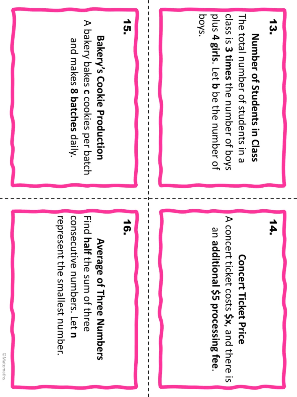 Algebraic expression cards 13–16: class size, ticket cost, cookie batches and half a sum of consecutive numbers