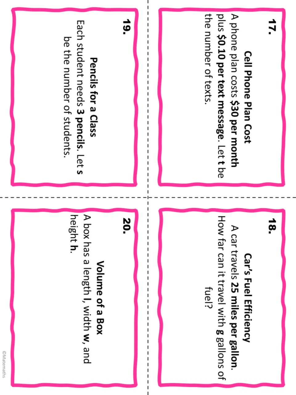 Algebraic expression task cards 17–20: phone plan cost, fuel efficiency, pencils for students and box volume