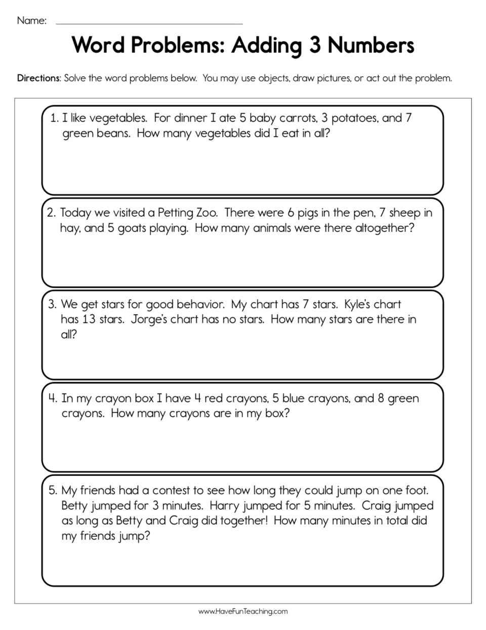 Addition practice: five word problems about vegetables, zoo animals, behavior stars, crayons, and jumping